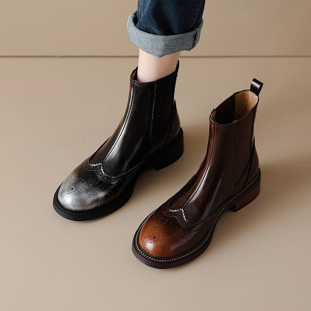 Nuovo stile in pelle di vacchetta lavata a colori per donna, punta tonda, stivali western brogue, slip-on, tacco quadrato, foderati in pile_voghion.com