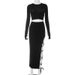2025 Spring Summer New Women's Fashion Solid Color Casual Round Neck Sleeve Top Slim Tie Long Dress Set_voghion.com