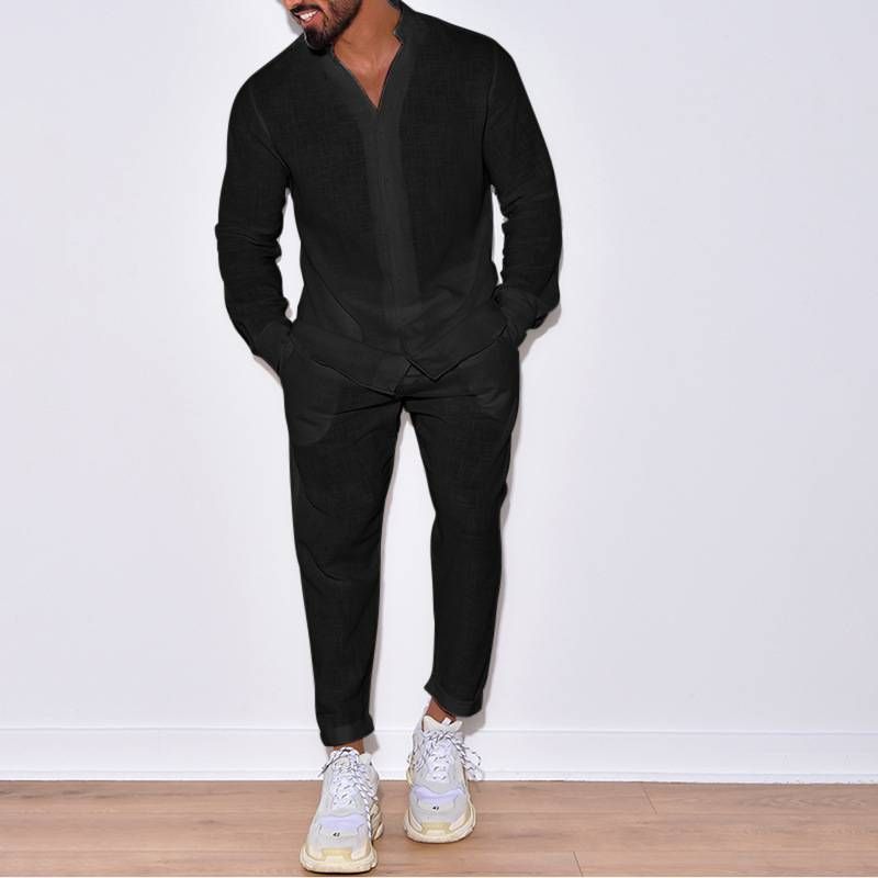 Îmbrăcăminte bărbătească din in, de vară, cu rever, mânecă lungă, culoare solidă, pantaloni, costum casual din două piese_voghion.com
