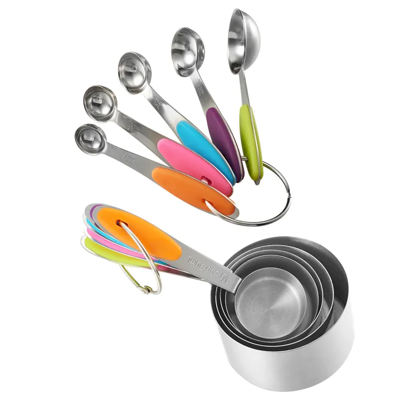 10pcs/Lot Stainless Steel Measuring Cups And Spoons Durable Kitchen Cooking Baking Measuring Tools With Silicone Handles_voghion.com