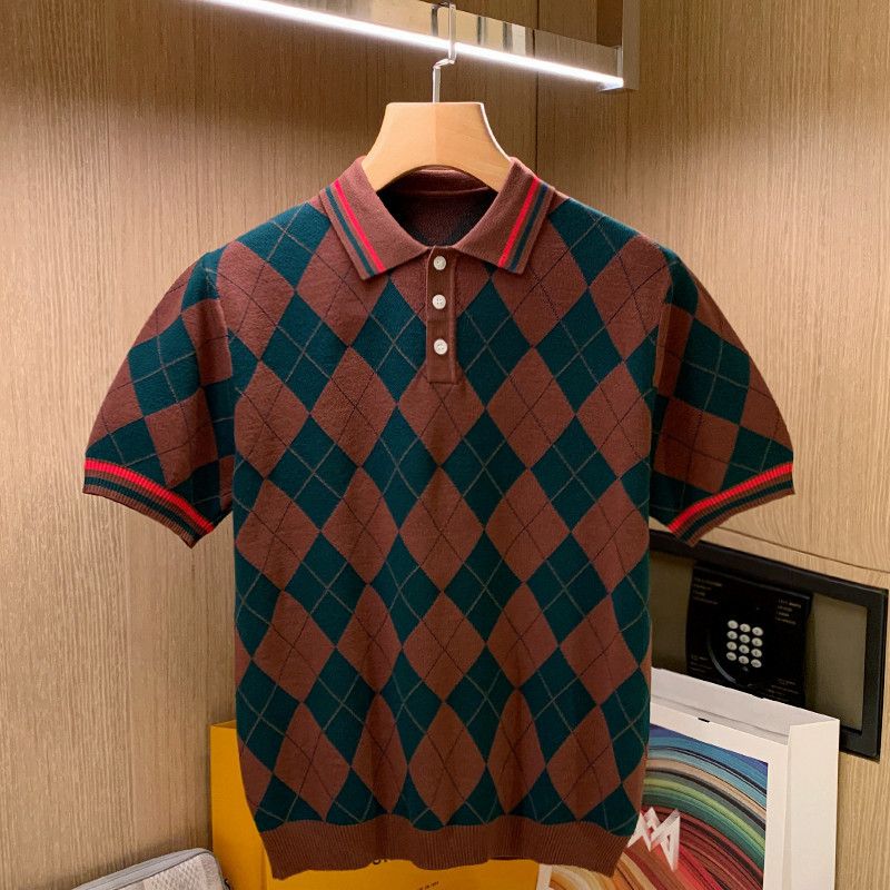 Männer Kleeder Moud Klassesch Retro Kontrast Faarf Diamant Revers Kuerzarm T Shirt Männer Summer New Casual All Match Polo Shirt Top_voghion.com