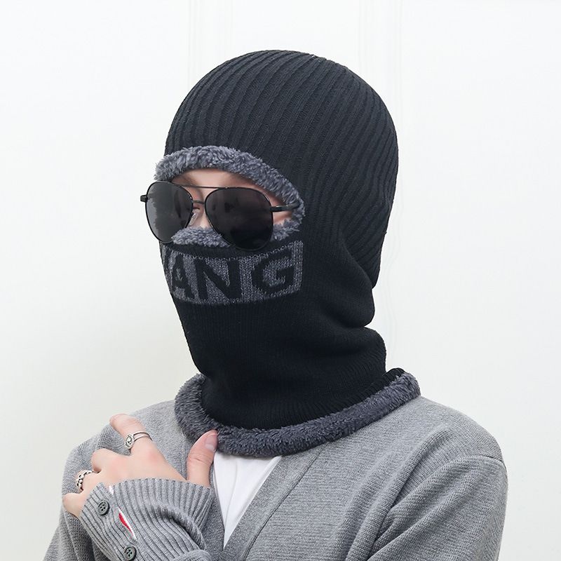 Winter WANG Letter Cycling One-piece Hat With Fleece For Cold Protection Ear And Face Protection One-piece Knitted Hat Scarf And Yarn Hat_voghion.com
