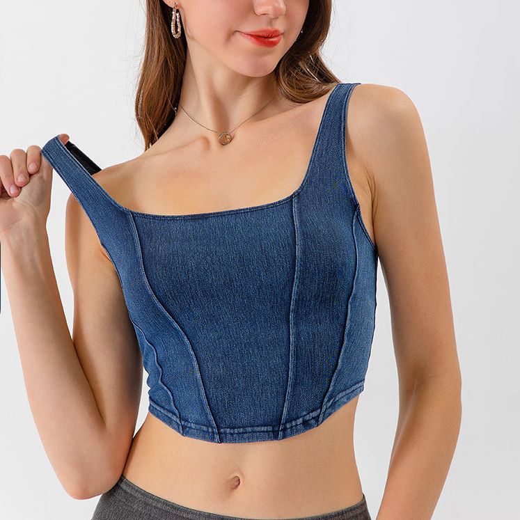 Nouveau gilet de sport de yoga en denim pour femmes, élastique en forme de U amincissant et beau dos, haut de fitness à séchage rapide pour vêtements d'extérieur_voghion.com