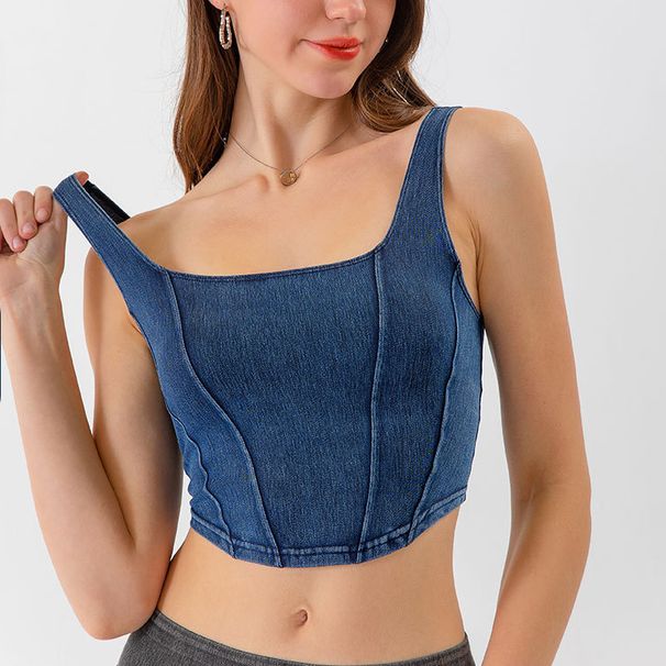 Nouveau gilet de sport de yoga en denim pour femmes, élastique en forme de U amincissant et beau dos, haut de fitness à séchage rapide pour vêtements d'extérieur_voghion.com