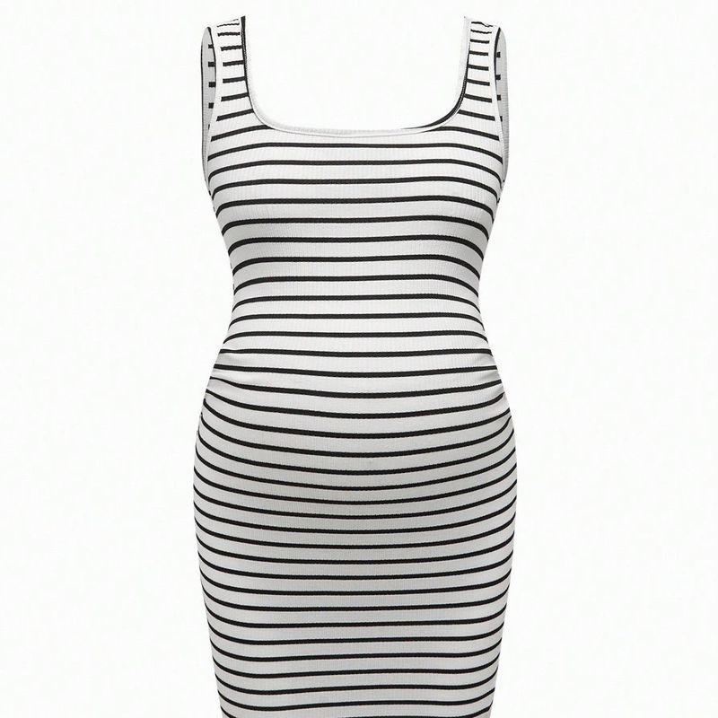 Women's Clothing Pregnant Women Waist Sleeveless Tight Black And White Striped Shaping Hip Casual Dress_voghion.com