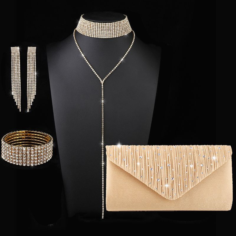 Damentaschen Mode Multi Layered Diamant Retro Choker Halskette Ohrringe Armband Abendessen Tasche Vierteiliges Set Party Bankett Explosion_voghion.com