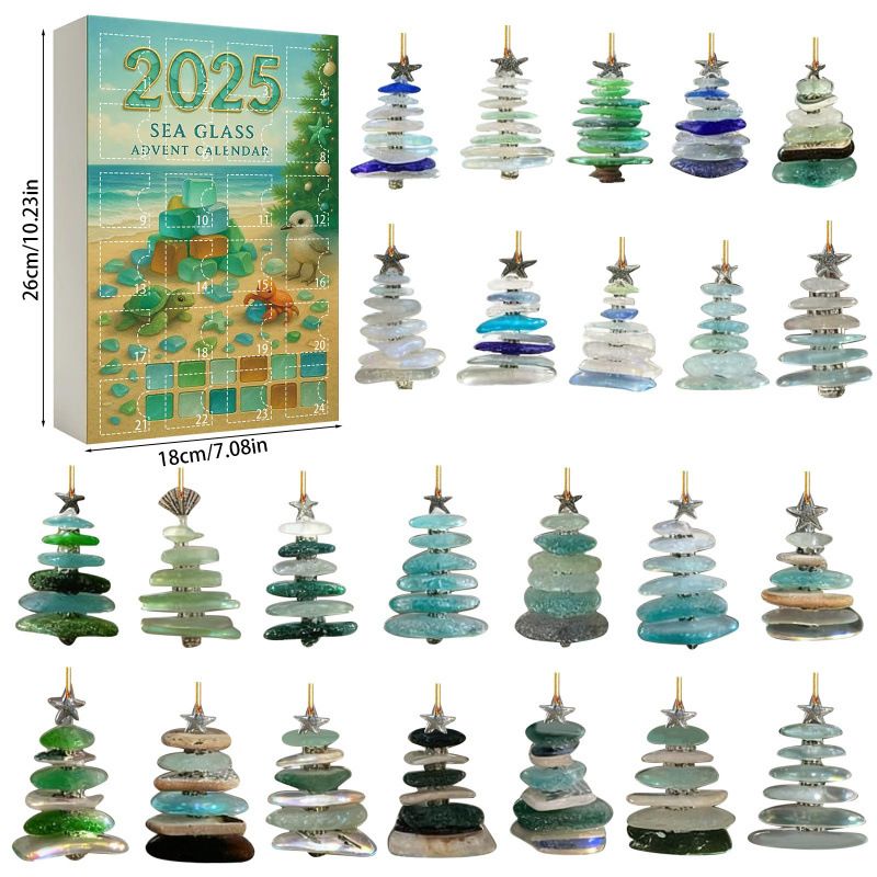 Weihnachtsbaum-Countdown-Kalender im Meeresglas-Stil (Überraschungsbox), Weihnachtsbaumschmuck im Meeresglas-Stil, Acryl-Anhänger_voghion.com