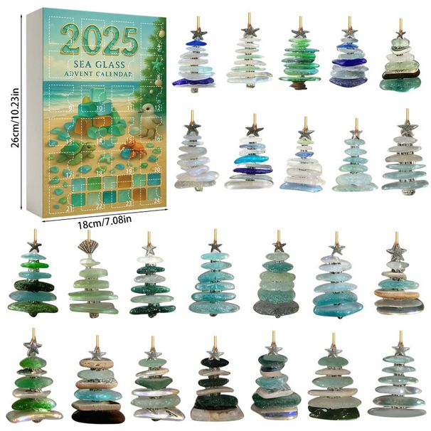 Weihnachtsbaum-Countdown-Kalender im Meeresglas-Stil (Überraschungsbox), Weihnachtsbaumschmuck im Meeresglas-Stil, Acryl-Anhänger_voghion.com