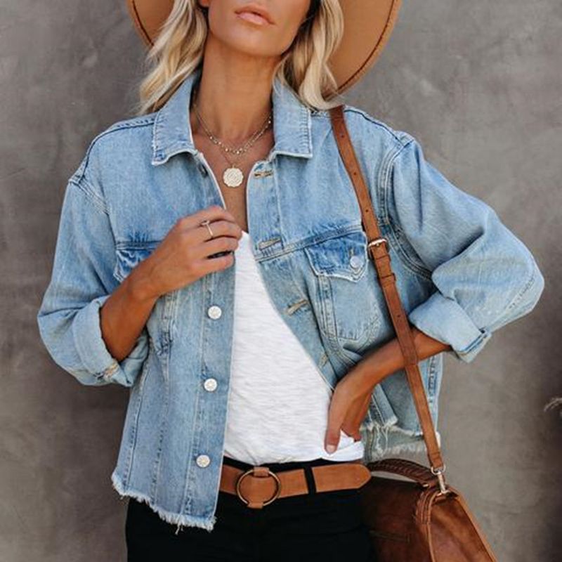 Veste en Denim pour femmes, ample, Hipster de rue, bavures, manches longues, manteau court en Denim, grande taille, printemps automne 2021_voghion.com