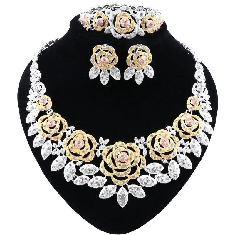 Women African Beads Jewelry Set Gold Color Indian Jewellery Accessories Dubai Necklace Earrings Bracelet Ring Sets_voghion.com