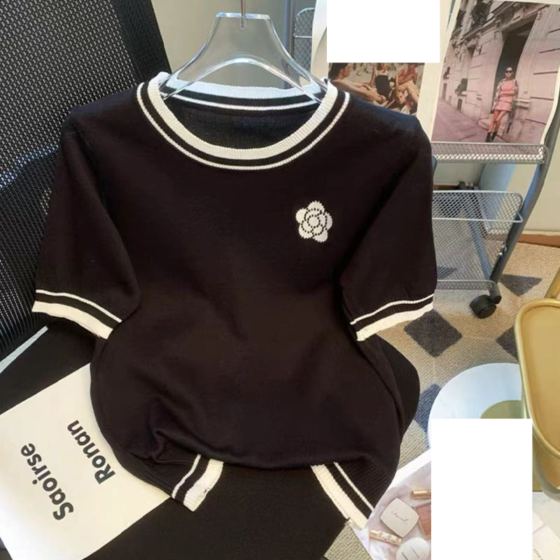 Tricou de vară pentru femei, cu mânecă scurtă, din mătase de gheață Camellia, cu guler rotund, versatil, tricotat, cu culori asortate_voghion.com