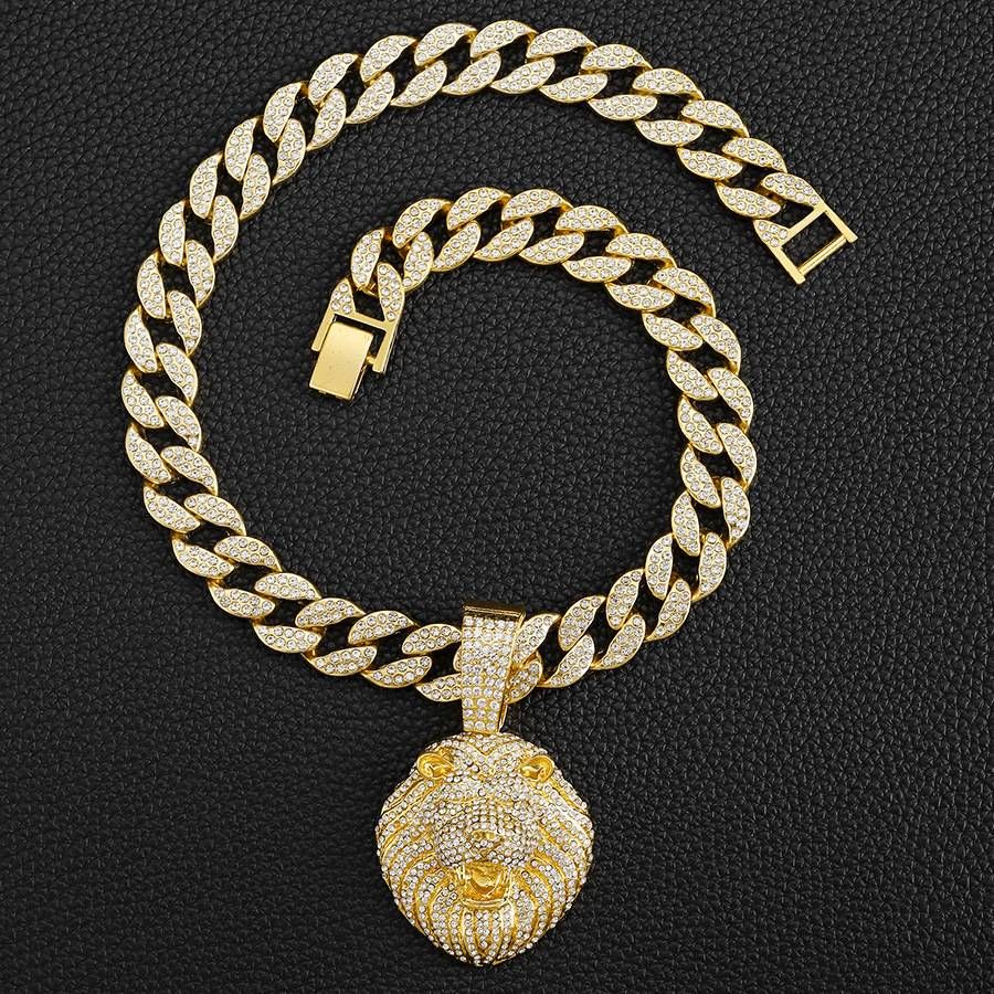 Collana cubana con ciondolo a forma di testa di leone tridimensionale con diamanti pieni, stile street hip hop_voghion.com