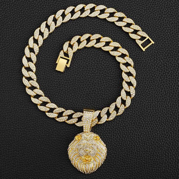 Collana cubana con ciondolo a forma di testa di leone tridimensionale con diamanti pieni, stile street hip hop_voghion.com