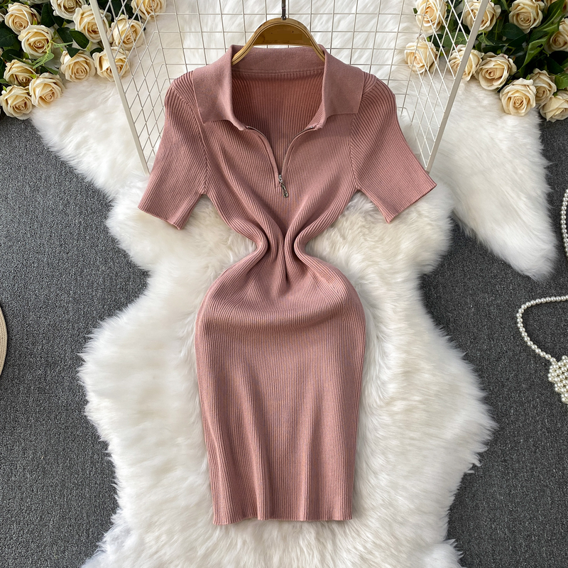Abito in maglia a maniche corte con risvolto e mezza cerniera, nuovo design, abbigliamento da donna, vita snellente, fianchi_voghion.com