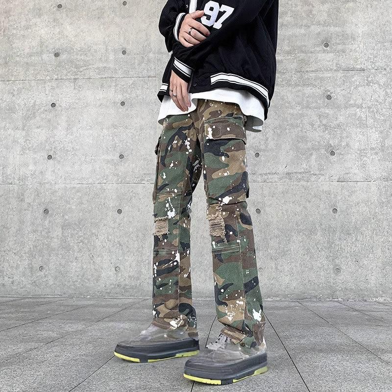 Men's Clothing High Street Ink Splash Camouflage Overalls With Multiple Pockets Loose Straight Leg Wide Leg Ripped Trendy Hip Hop Jeans_voghion.com