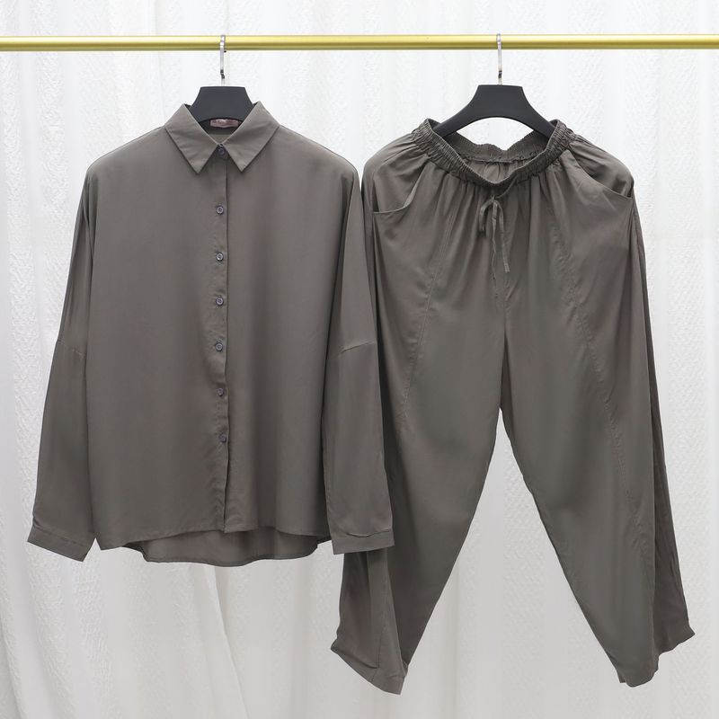 Casual Cotton Silk Middle Eastern Women's Solid Color Loose Large Size Lapel Suit_voghion.com
