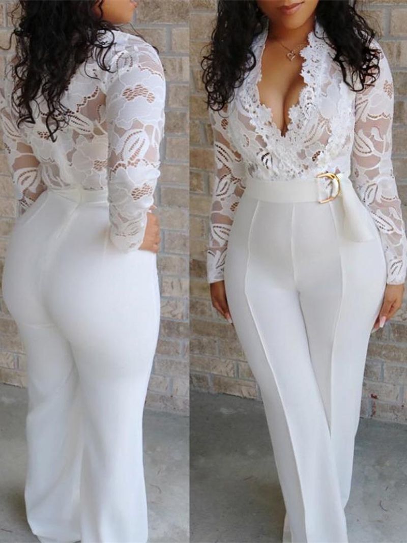 Women's sexy deep v white see-through lace splicing jumpsuit _voghion.com