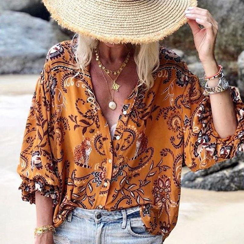 Damenbekleidung Frühling und Sommer Rüschen Langarm Neu Bedrucktes Loose Fashion Einreihiges Oberteil_voghion.com
