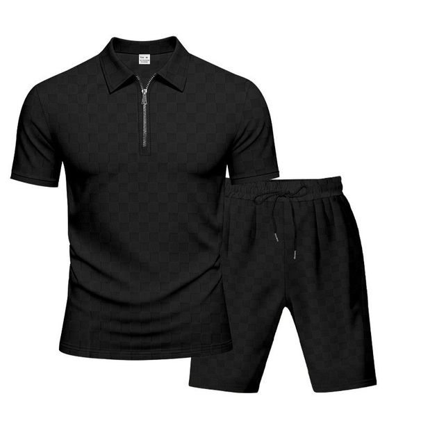 Herren Schweres, lockeres, lässiges, einfaches Poloshirt mit Schachbrettmuster und Reißverschluss, kurzärmelig, Shorts-Set_voghion.com