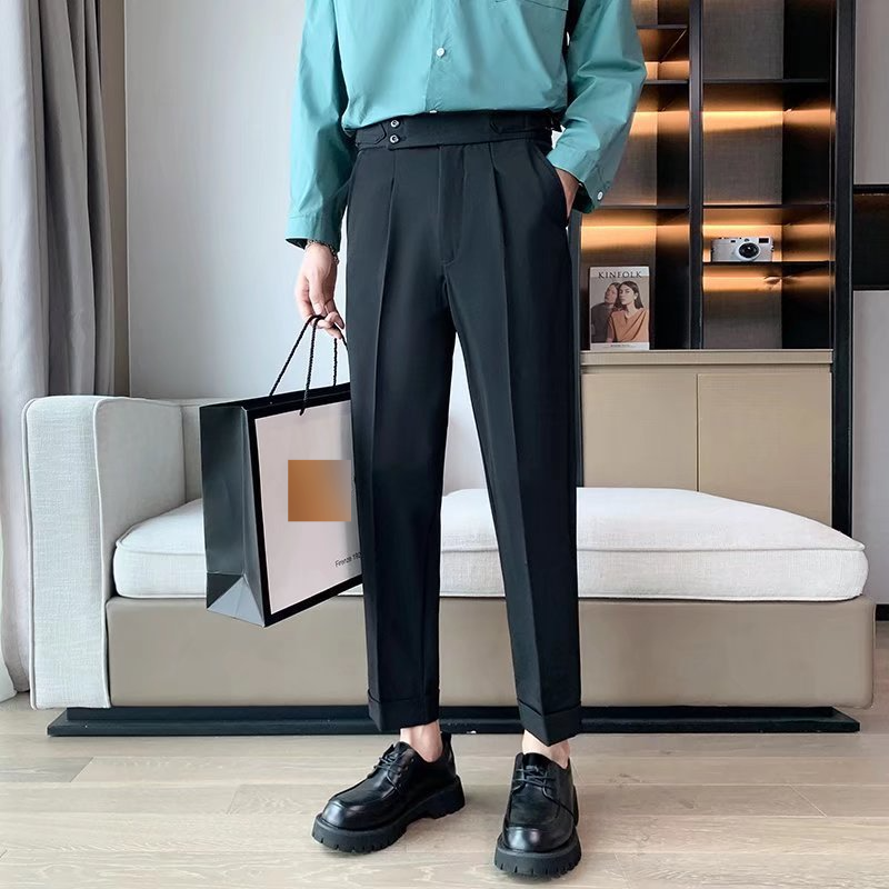 Ropa para hombre Primavera y verano Nuevo Nápoles Pantalones de traje para hombre Gris oscuro Cintura alta Slim Drapeado Nueve puntos Pantalones de traje pequeños para hombre_voghion.com