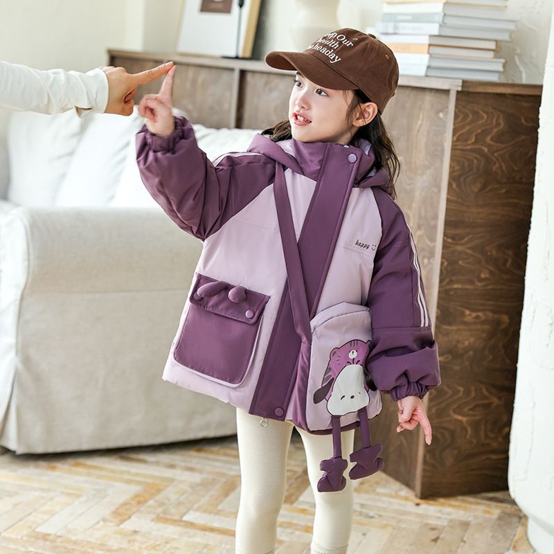 Piumino corto alla moda per ragazze, 55% piumino d'anatra bianco, cappotto con cappuccio in stile coreano (100-140 cm, rosa/viola)_voghion.com