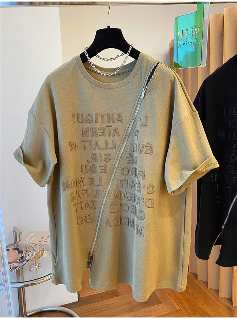 Women's Clothing new loose embroidery pure cotton heavy short-sleeved T-shirt female zipper split top_voghion.com