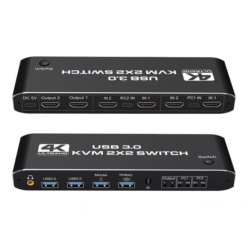 Kaksinäyttöinen HDMI KVM -kytkin 2x2 USB3.0 HDMI KVM -kytkin 2 in 2 ulos 4K 60Hz 2x2 sekoitettu näyttö 2 näyttöä 2 tietokone kannettavalle tietokoneelle_voghion.com