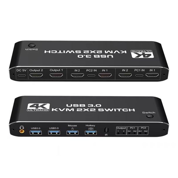 Kaksinäyttöinen HDMI KVM -kytkin 2x2 USB3.0 HDMI KVM -kytkin 2 in 2 ulos 4K 60Hz 2x2 sekoitettu näyttö 2 näyttöä 2 tietokone kannettavalle tietokoneelle_voghion.com