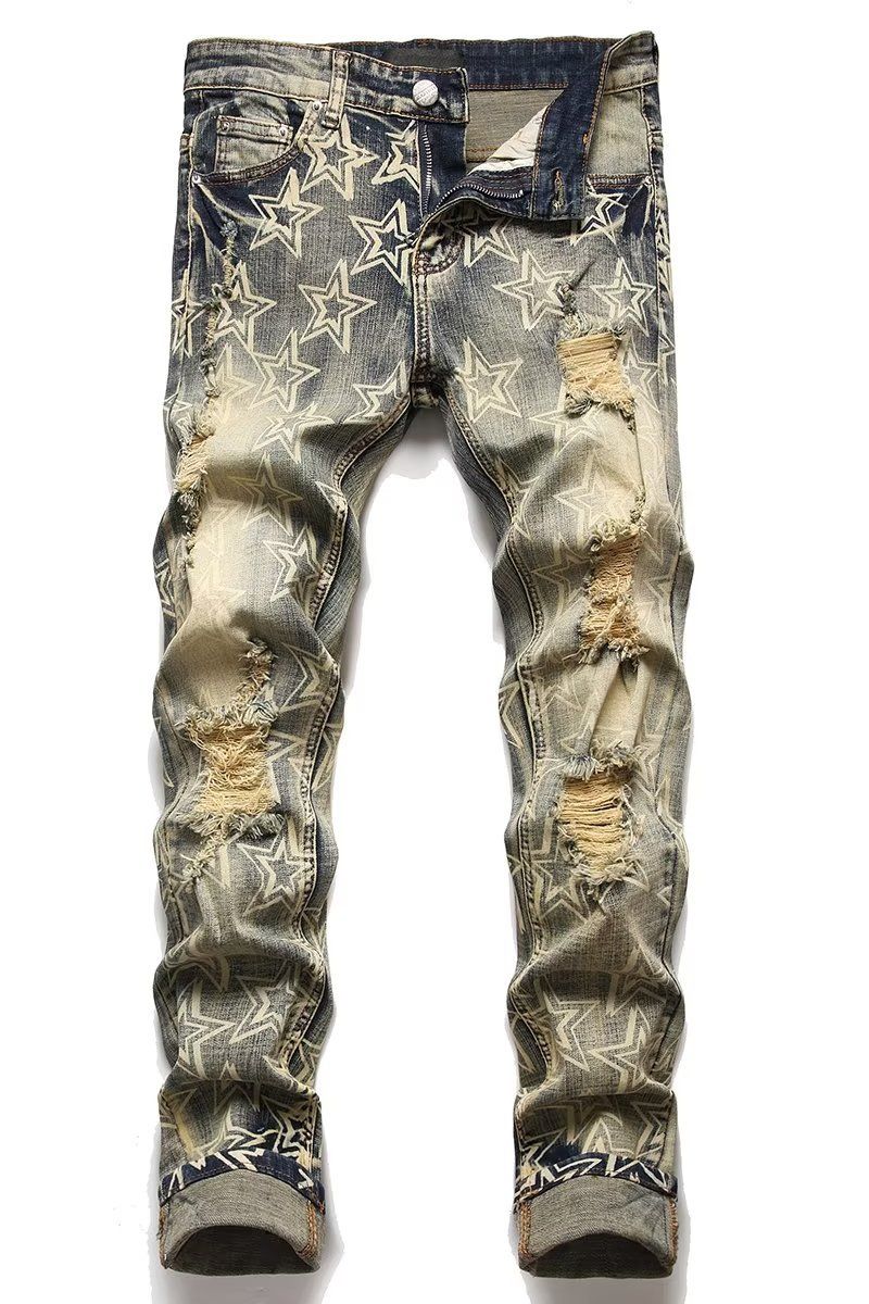Trendy Printed Denim Suit, Men's Elastic Slim Fit, Perforated Jacket Top, Trendy Patch, Beggar Pants_voghion.com