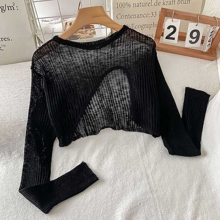 Asymmetriska Stickade Tröjor Herr Sommar Tunn Långärmad Pamas Kort Sexig Haldult Tröja Rund Krage Mode_voghion.com