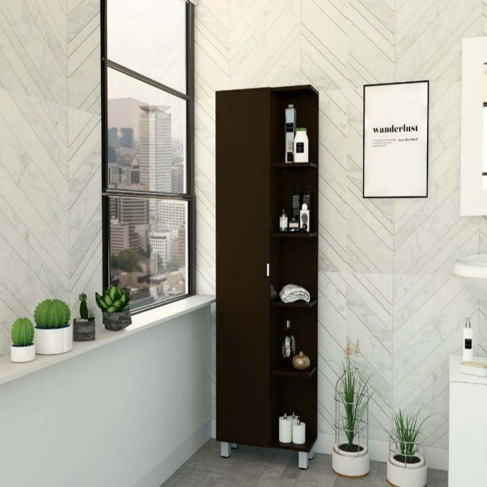 Corner Cabinet Womppi, Five Open Shelves, Single Door, Black Wengue Finish_voghion.com