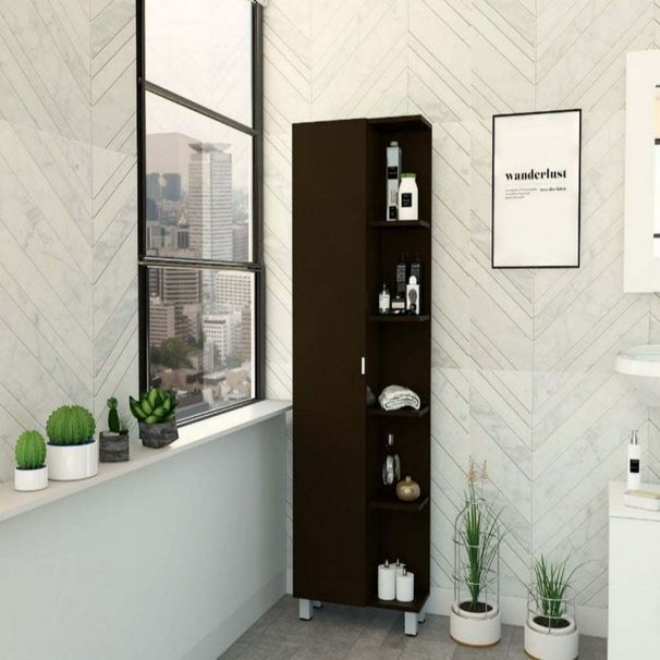 Corner Cabinet Womppi, Five Open Shelves, Single Door, Black Wengue Finish_voghion.com