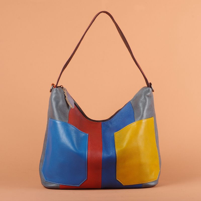 Damentasche aus echtem Leder – Hochwertiges vollnarbiges Rindsleder in Farbblock-Optik, handgefertigte Umhänge- und Schultertasche – Retro-Vintage-Stil für schicke Alltagslooks_voghion.com