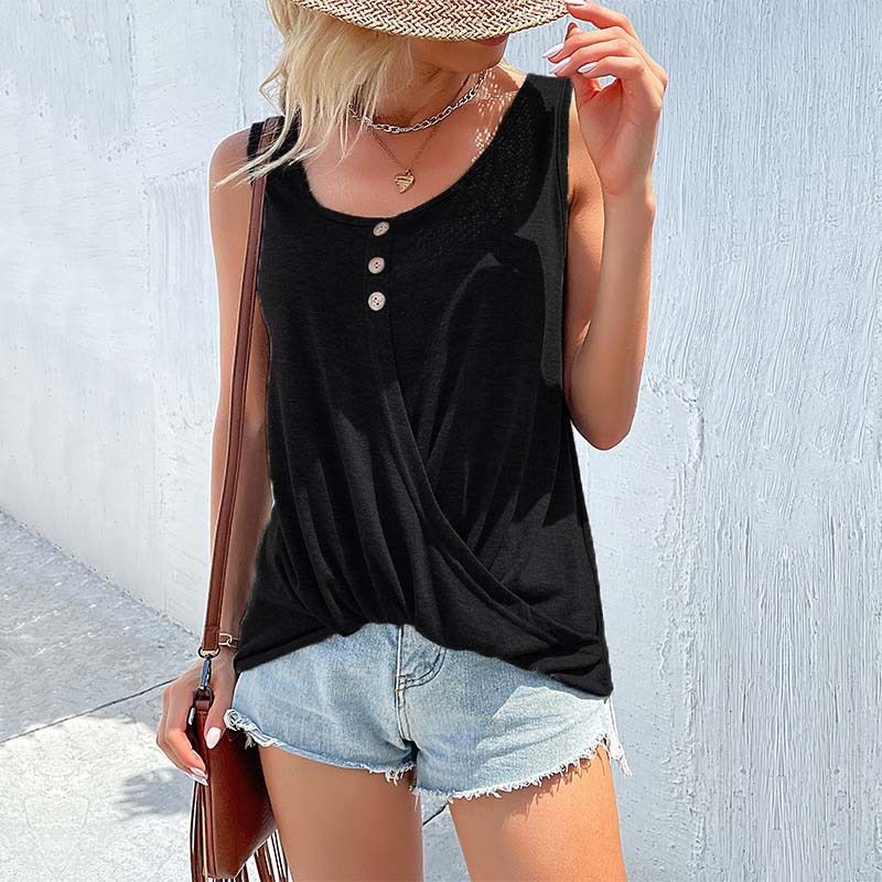 Top sin mangas con cuello redondo y botones cruzados de color liso para mujer, novedad de verano 2023_voghion.com