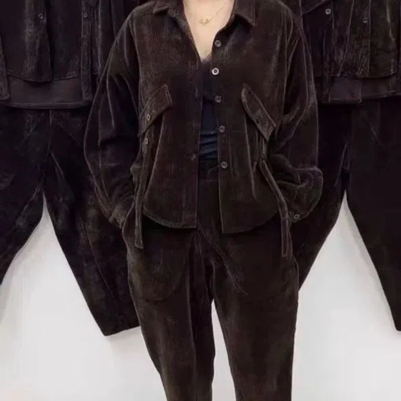 Ensemble deux pièces en velours côtelé grande taille pour femme, veste ample à manches chauve-souris et pantalon large (jaune, marron)_voghion.com