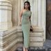 European and American style cross border 2024 summer new style oblique shoulder solid color slit sleeveless pure desire sexy temperament slim dress_voghion.com