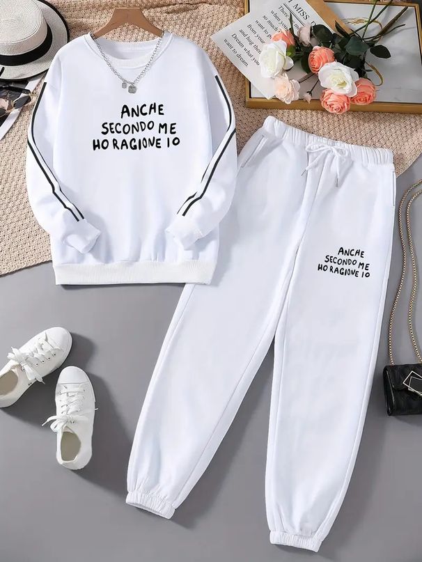 Conjunto feminino de moletom com estampa de letras – Blusa de moletom moderna com capuz e calça jogger (Estampa 9019, Branco/Preto, Tamanhos P-XXG)_voghion.com