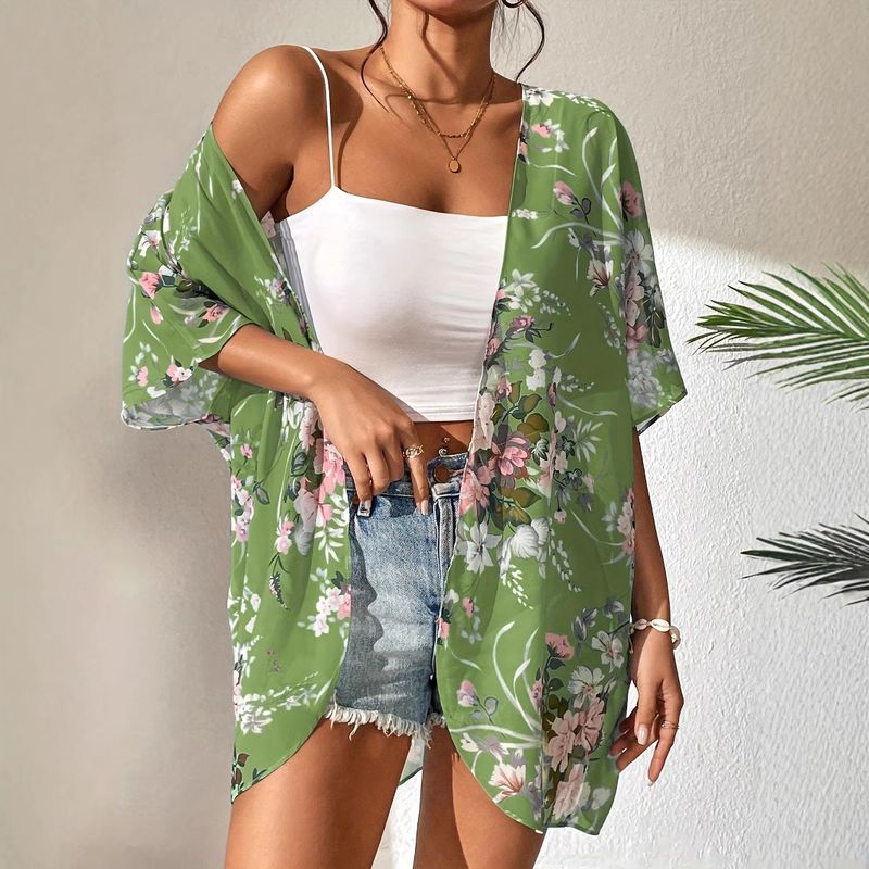 Cárdigan de gasa de manga corta con estampado multicolor para mujer, estilo playero, con protección solar_voghion.com
