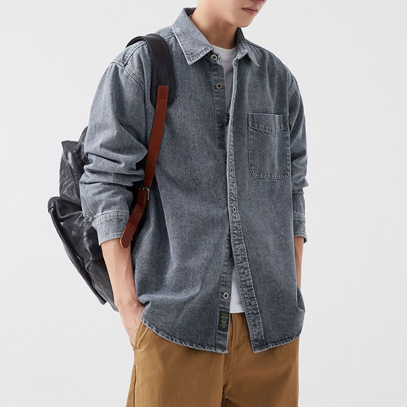 Chemise en jean à manches longues pour homme, style printemps-automne, style américain, tendance, style rétro, décontractée_voghion.com