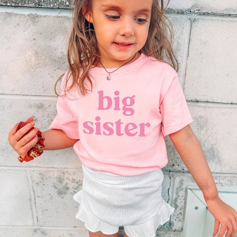 Kids’ Clothing Girls Bigsister Letter Pattern Printed Round Neck Short Sleeved T Shirt_voghion.com