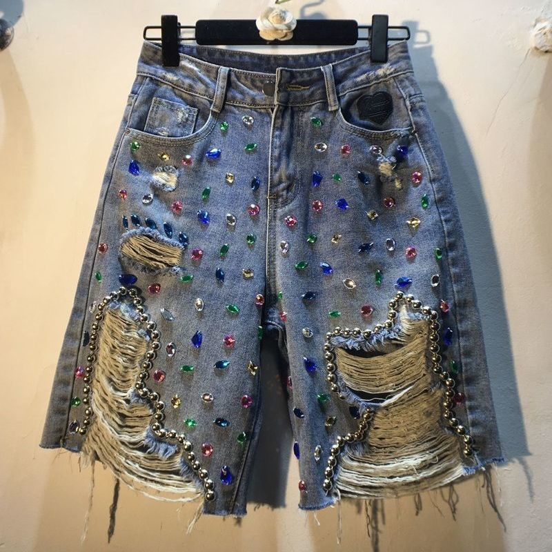 Women's High Waist Distressed Denim Shorts With Rhinestone Embroidery - Vintage Retro Style, Comfortable Straight Leg Fit, Summer Casual Midi Shorts_voghion.com