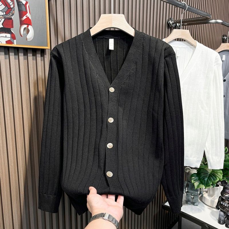 Cardigan slim fit con bottoni da uomo lavorato a maglia a maniche lunghe alla moda inglese semplice a righe con scollo a V, piccola giacca_voghion.com