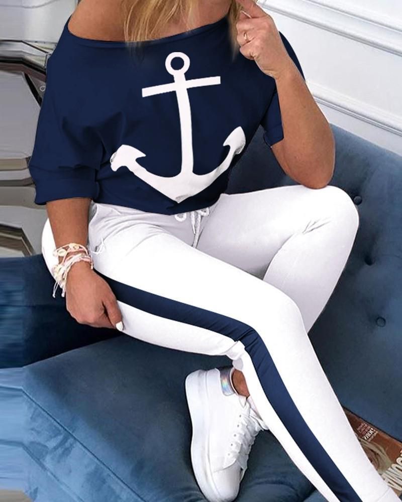 Vêtements pour femmes, vente chaude, imprimé ancre, t-shirt à manches courtes, pantalon de survêtement bleu marine, costume décontracté pour dames_voghion.com