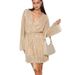 Fashionable design sequined V-neck long-sleeved strappy waist dress casual short skirt_voghion.com