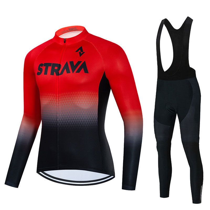 Conjunto de maillot ciclista de manga larga STRAVA, edición de equipo, culotte con tirantes transpirable de secado rápido, diseño personalizable_voghion.com