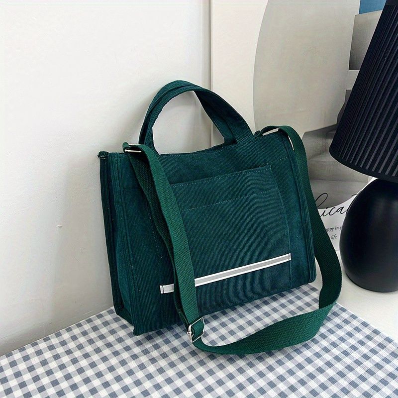 Patch Decor Korduroy El Çantası, Kadın Kare Çapraz Çanta, Günlük Tote Çanta_voghion.com