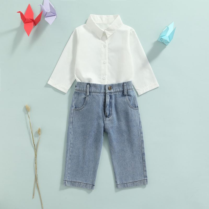 Mother & Kids Baby Clothing Girls' White Long-sleeved Shirt High-waisted Denim Pantsuit_voghion.com