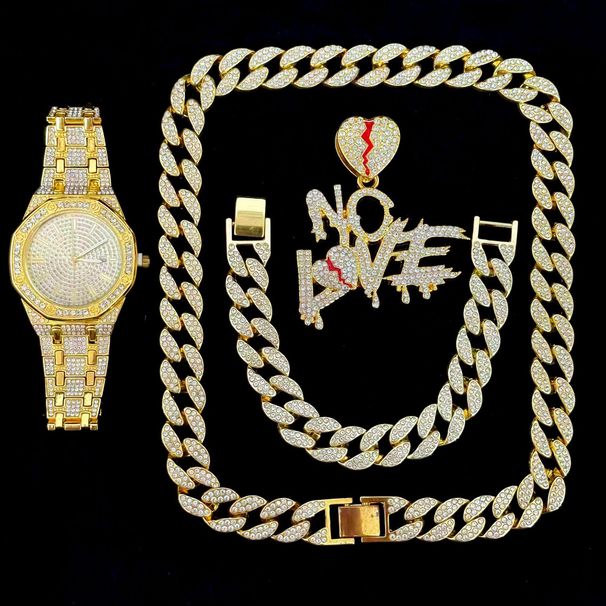 NOLOVE Set con ciondolo Hip Hop e catena a maglie cubane con orologio al quarzo per uomo - Accessorio di moda streetwear (oro/argento)_voghion.com