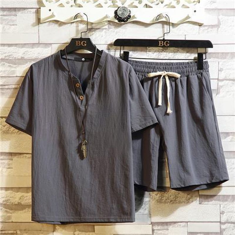 Completo da uomo casual in lino a maniche corte in stile cinese, estivo, alla moda, sportivo, in lino, da 2 pezzi, per anziani di mezza età_voghion.com