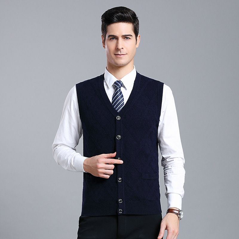 Herren Strickjacke aus Wollmischung mit V-Ausschnitt, Cardigan-Pullover, Colorblock, lässig, ärmellos_voghion.com